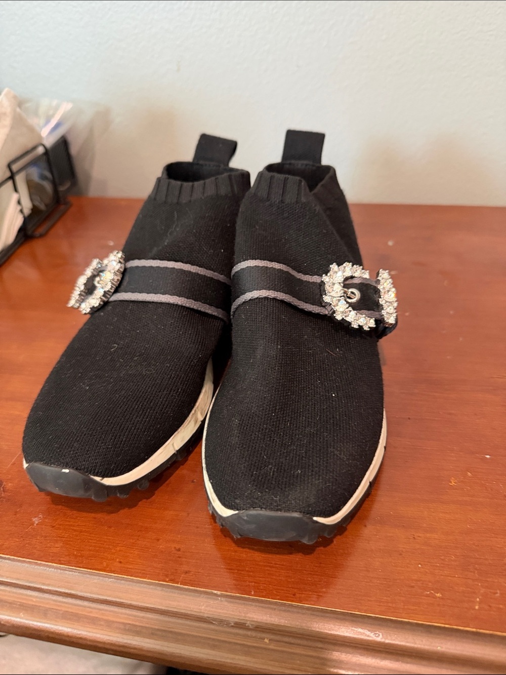 Jimmy Choo Black Knit Slip-On Sneakers with Crystal Buckle